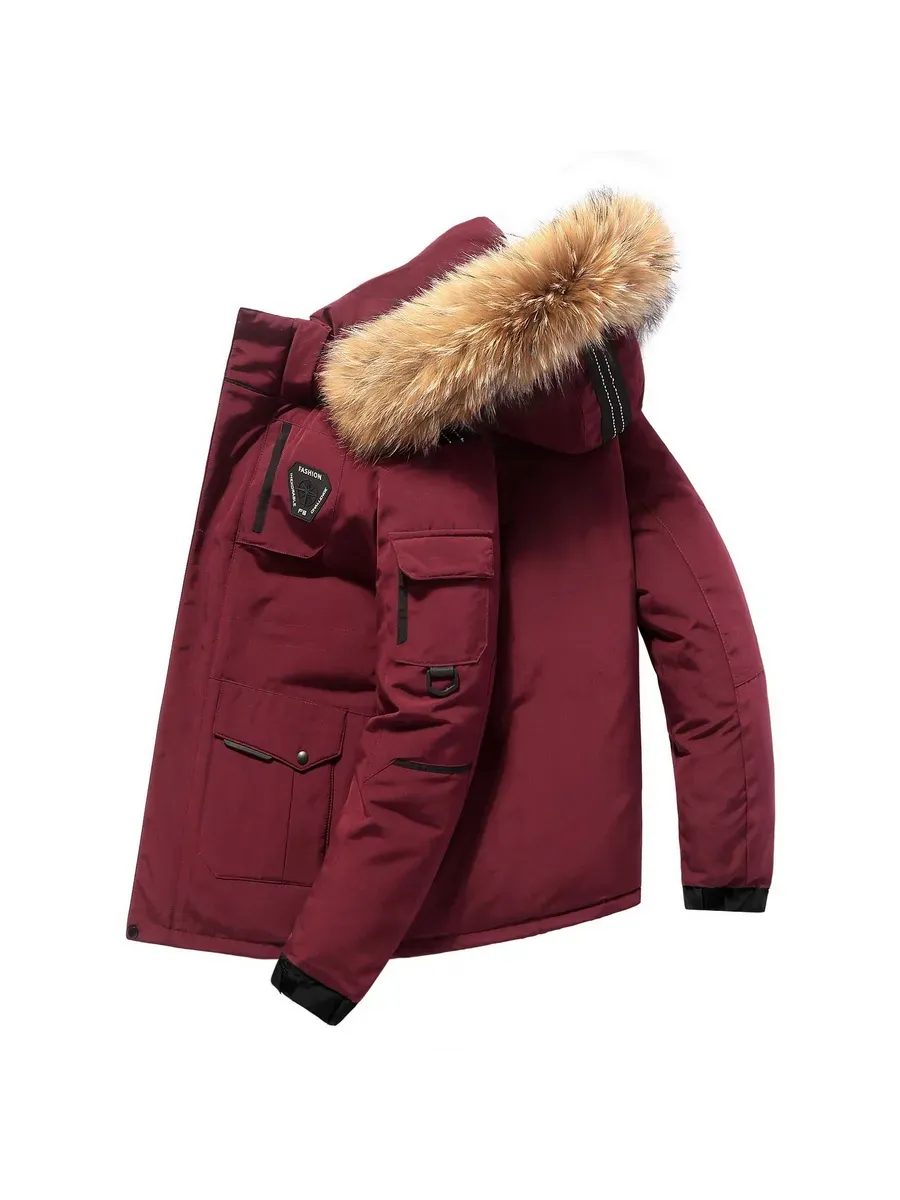 Doudoune Homme Luxe en Fourrure Bordeaux
