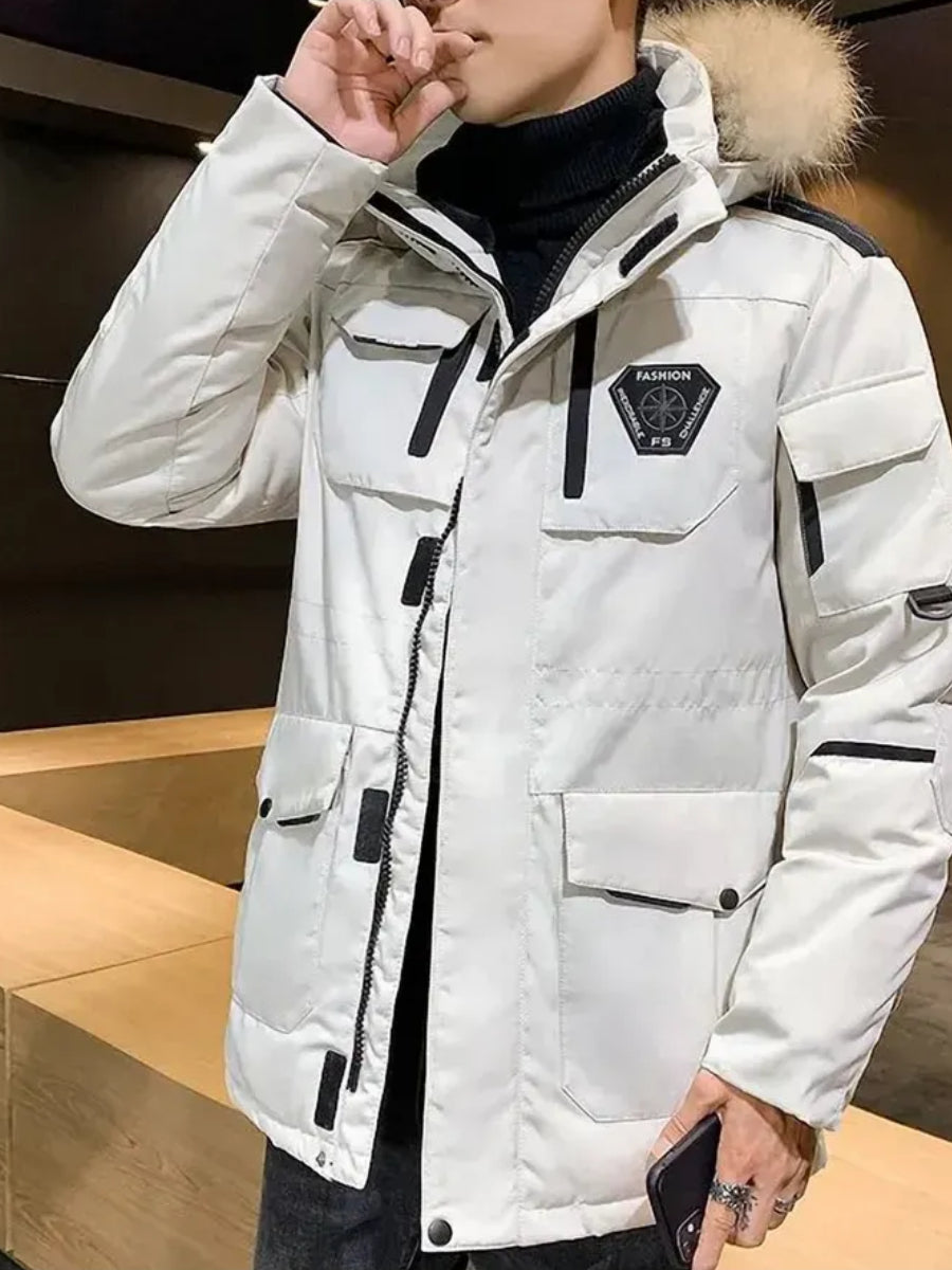 Doudoune Homme Noir et Blanc avec Fourrure Luxe