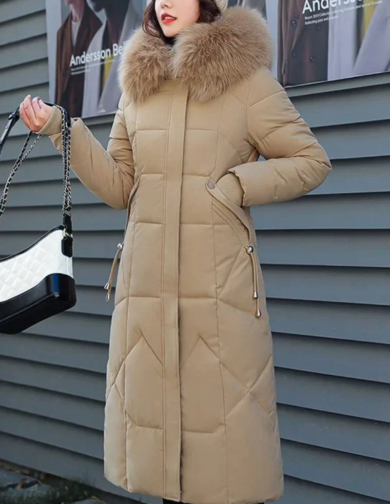 Parka Chic Femme Beige avec Détails en Fourrure