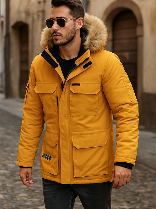 Doudoune Homme Jaune avec Fausse Fourrure Élégante
