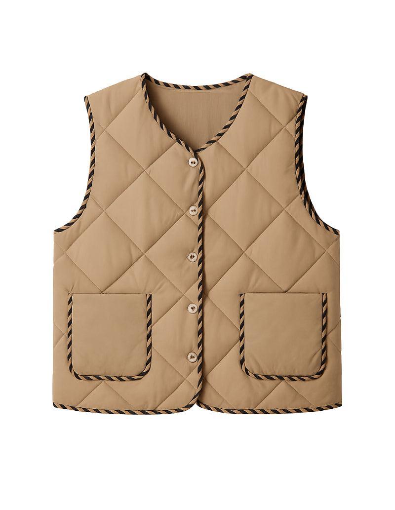Gilet Matelassé Sans Manche Mi-Saison Café-Crème Élégance