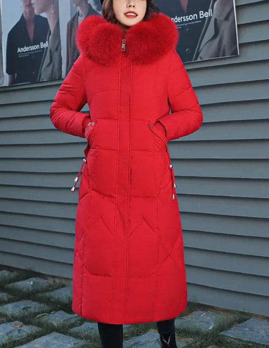 Parka Élégante Rouge Femme avec Détails en Fourrure