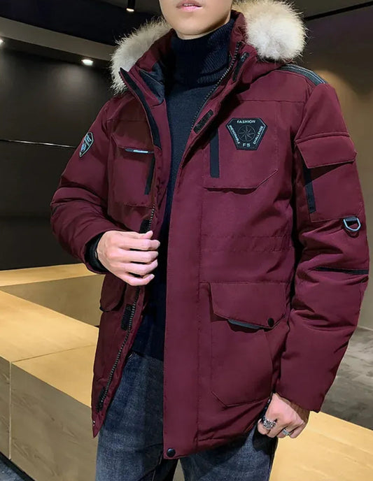 Doudoune Homme Luxe en Fourrure Bordeaux